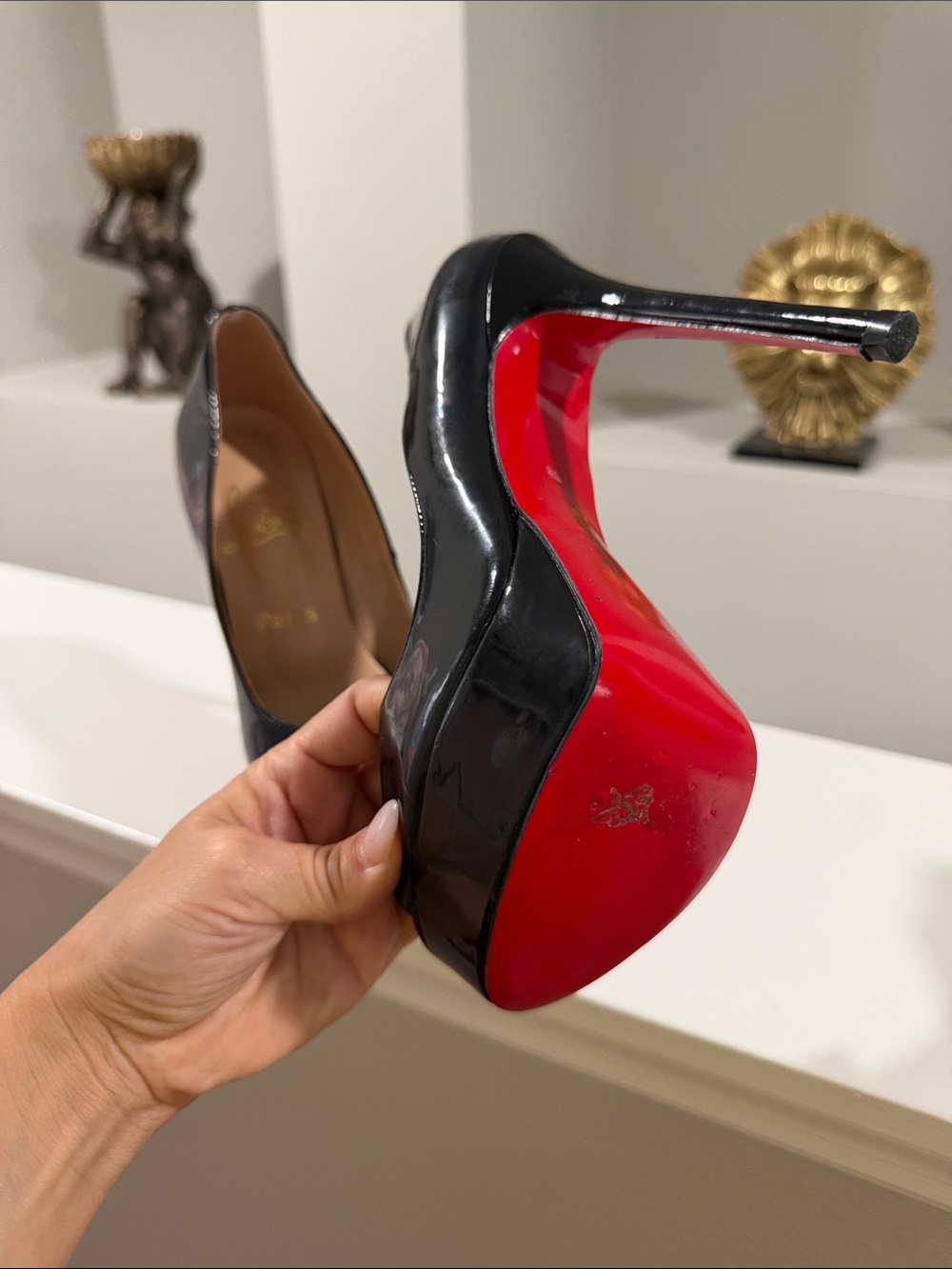 Christian Louboutin Black Patent Peep-Toe Platform Pumps with Red Soles - Picture 3 of 3